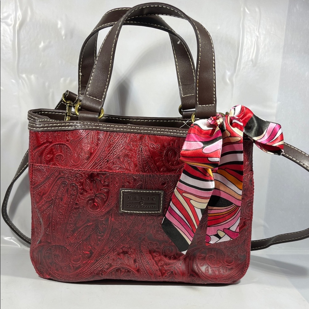 Relic Red Paisley Shoulder Bag with Brown Straps
